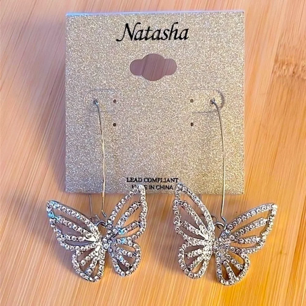 Brand New Natasha Rhinestone Butterfly Silver Tone Drop Earrings Sparkly